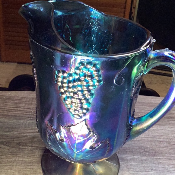 Heavy Iridescent Glass Pitcher – Vintage Carnival Glass -$175